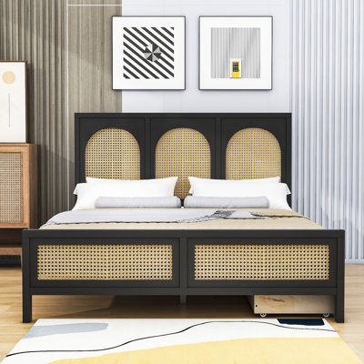 Kacie Wood 2 Drawers Platform Bed with Rattan Headboard