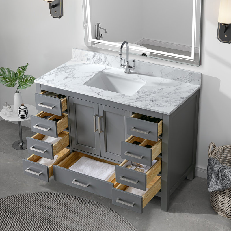 Ensemble de meuble-lavabo autoportant 48 po blanc avec plateau en marbre de culture 48 po