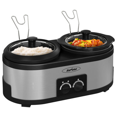 Sunvivi 2 In 1 Slow Cooker And Rice Cooker, Slow Cooker With 1.5 Qt Ceramic Pot & 3 Temps, Rice Cooker With 3- Cup Non-stick Aluminum Pot & Indicator Lights, Dual Control Knob, Stainless Steel