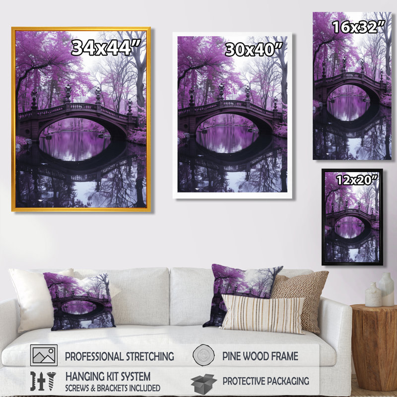 Pont de voie d'eau mauve, Tranquility - art mural, H 20 po x l 12 po x P 1 po, Toile encadrée noire simple