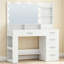 Bureau de coiffeuse avec grand miroir HD, coiffeuse de maquillage avec lumières à DEL, coiffeuse avec barre d'alimentation, 6 tablettes de rangement, 5 tiroirs et rangement latéral ouvert, simple, blanc