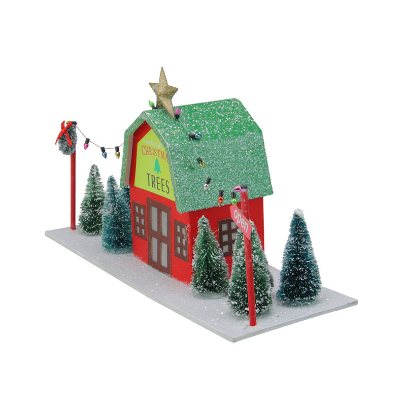 14" Red and Green LED Lighted Christmas Tree Store with Pine Trees - Cool White Lights
