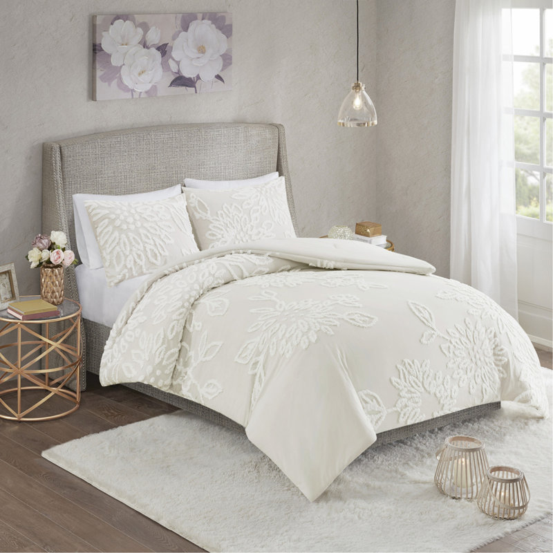 Ensemble d'édredon 3 pièces en chenille de coton capitonné blanc cassé, Édredon très grand + 2 taies décoratives, Blanc cassé