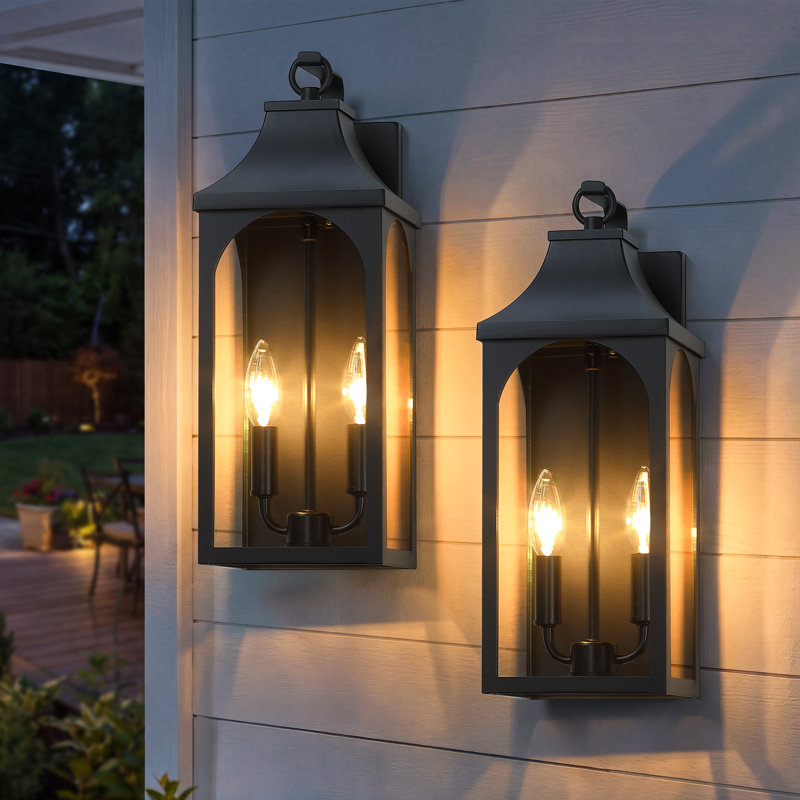 2-Pack 17 in. 2-Light Black Farmhouse Outdoor Wall Lantern with Clear Glass for Porch and Garage, 2-Light