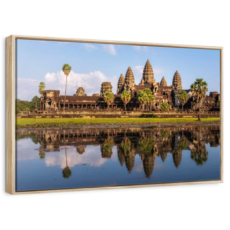 Angkor Wat Reflection, 13" X 9", Floating Frame Natural Wood