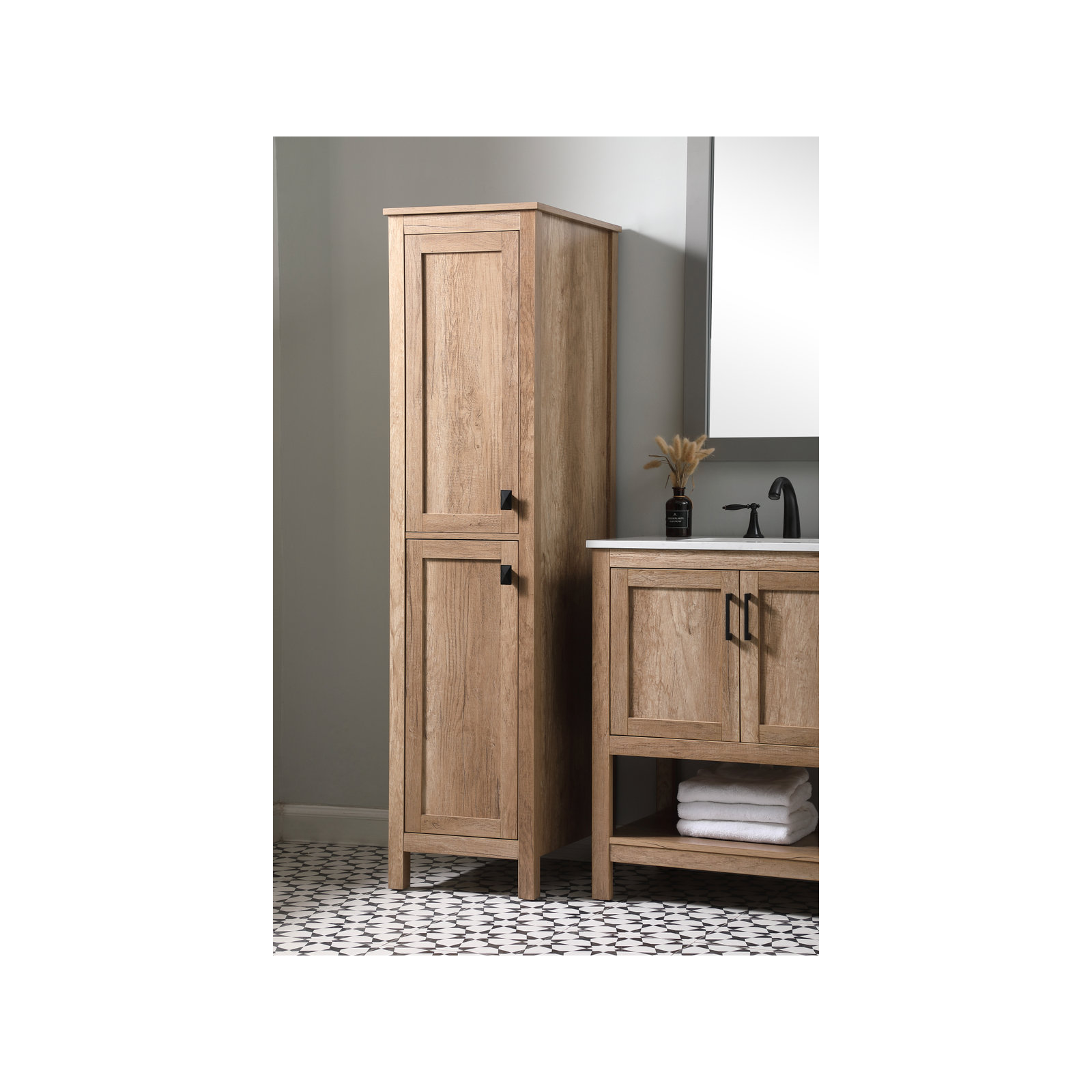 Destinymarie Linen Cabinet, Natural Oak/Matte Black, 65"H x 16"W x 22"D