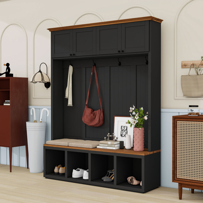 4-in-1 Hall Tree with Bench, Hooks and Cabinets, Black