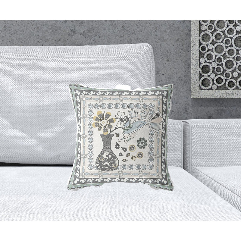 Coussin décoratif à motif floral 16 po x 16 po, Crème/gris
