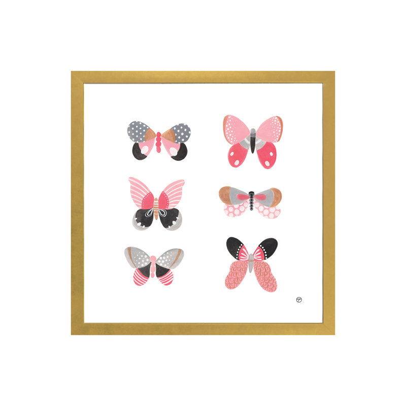 6 papillons art, H 24 po x l 24 po x P 1 po, Papier encadré doré