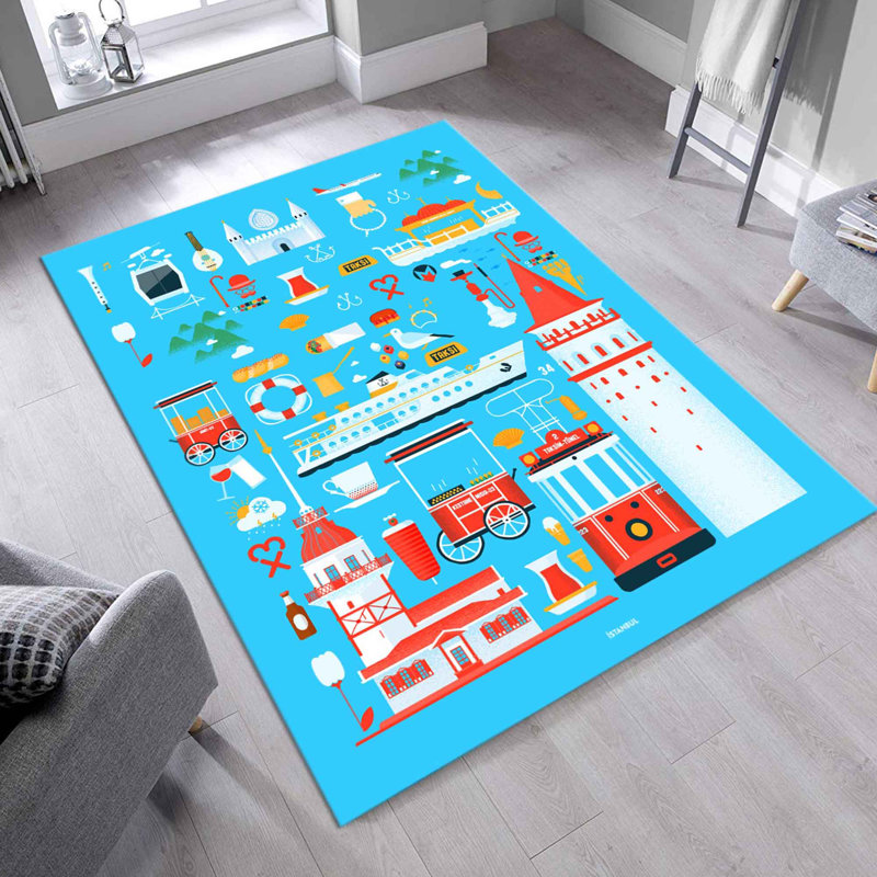 Tapis bleu / rouge en polyester tissé à la machine Klingbeil, Rectangle 4 pi 11 po x 7 pi 7 po