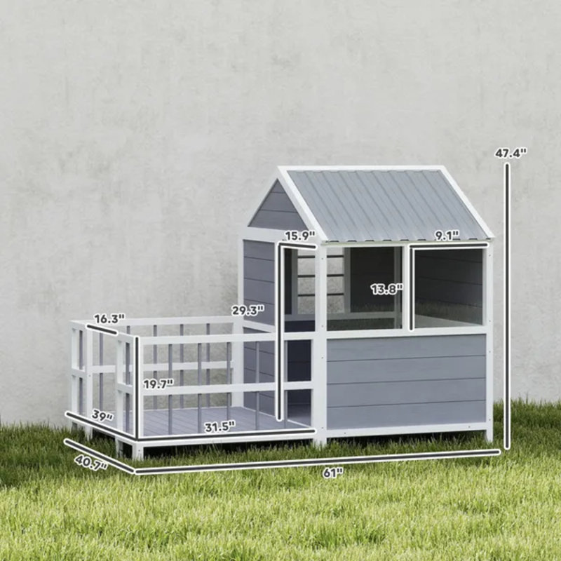 Grande niche pour chien d'extérieur en bois de 61 po avec porche, toit résistant aux intempéries, base surélevée, évents et fenêtres