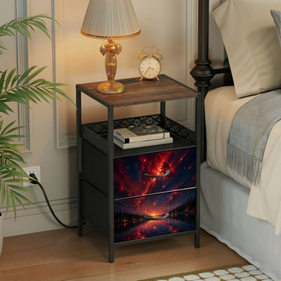 Table de chevet 2 tiroirs avec station de charge, table de chevet pour chambre à coucher avec ports USB, tablette ouverte noire, table de chevet avec impression de nuit spectaculaire lac de montagne nébuleuse rouge