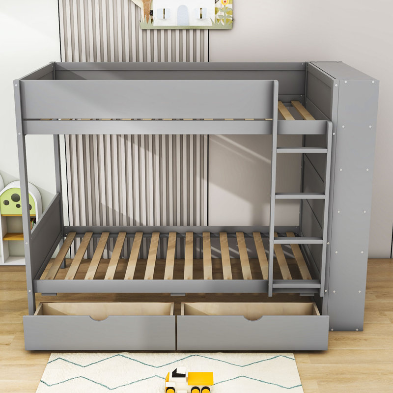 Lit superposé standard à 2 tiroirs avec tablettes Obryan par RBParadise, Simple sur simple, gris