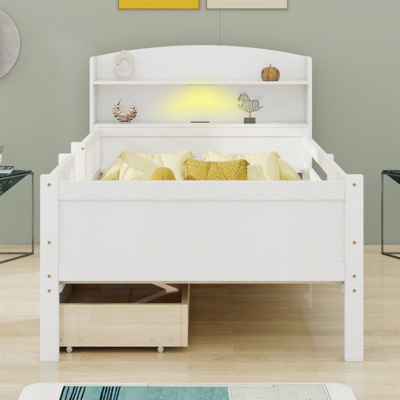 Wood Platform Bed With Built-In LED Light, Multi-Functional Headboard, Guardrail And 2 Drawers, White