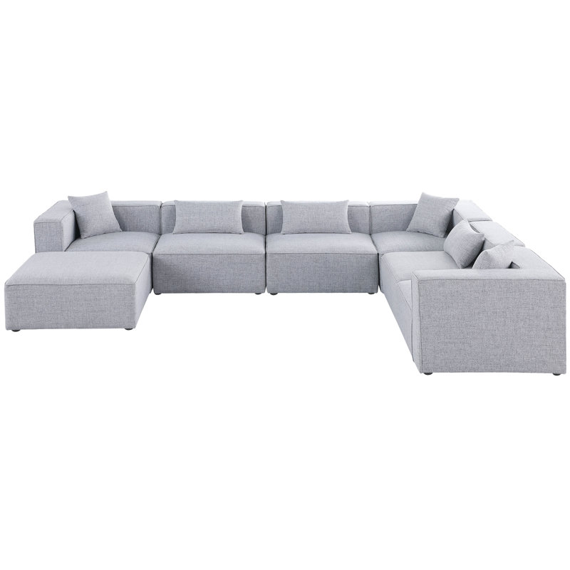Cube Upholstered U-Shaped Sectional Reversible, Grey Linen Textured Fabric