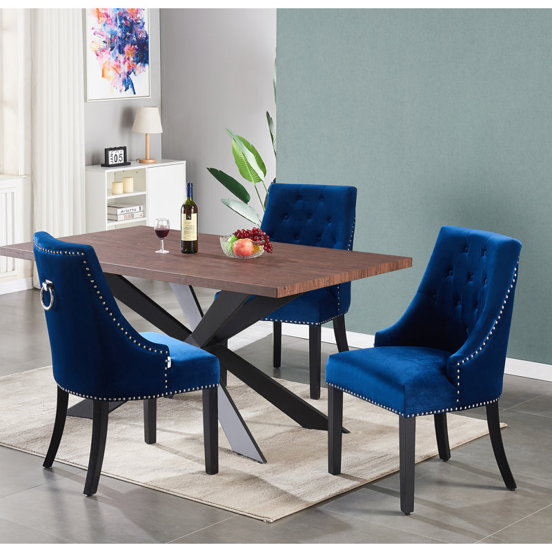 Rizzuto 4 Person Dining set - a Rectangular Wooden Dining Table with Metal Legs and a Set of 4 Quilted Ring Knocker Velvet Dining Chairs for Dining Room - Modern Dining Table Set
