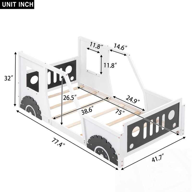 Lit plateforme simple en forme de voiture avec roues, Blanc