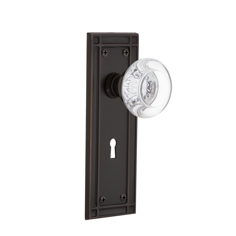 Crystal Round Interior Mortise Door Knob with Mission Long Plate, Timeless Bronze