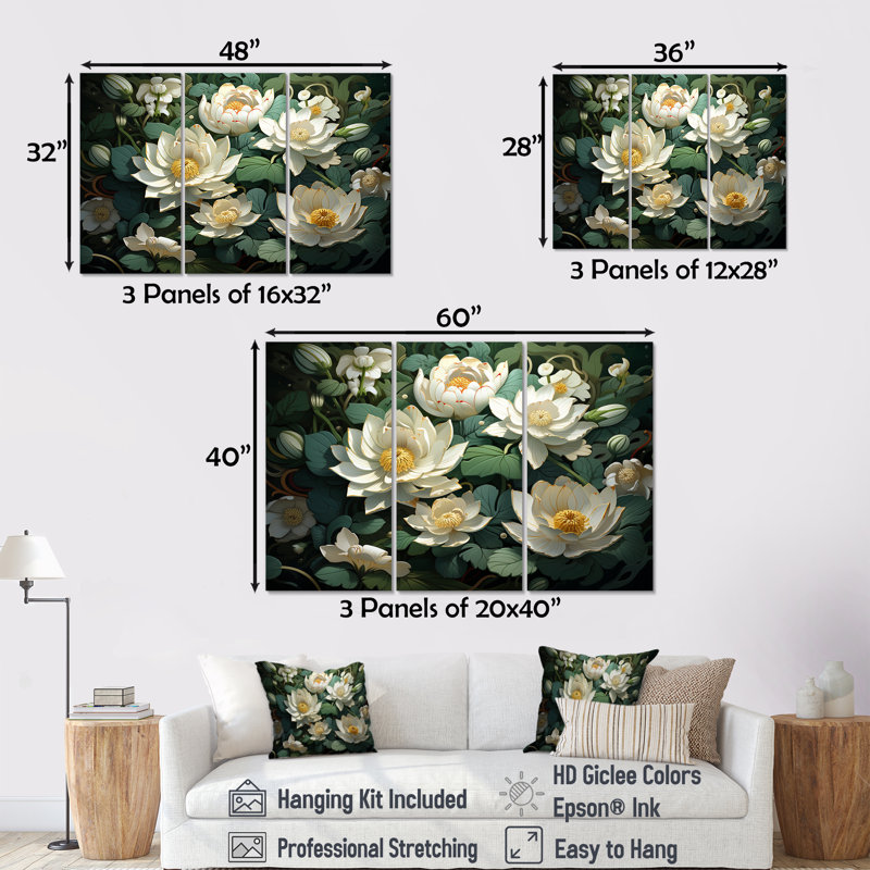 Fleurs de lotus méticuleusement rendues - ensemble d'art sur toile de lotus, Toile tendue, H 28 po x l 36 po x P 1 po