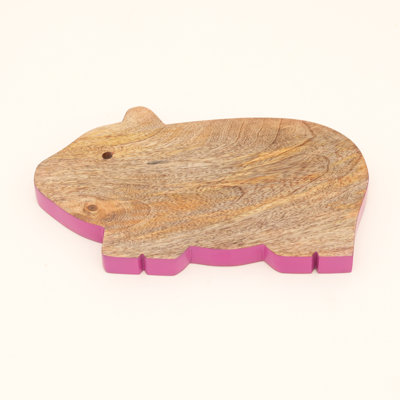 Guinea Pig-Shaped Mango Wood Serving Board with Pink Edge, Wooden Cheese & Charcuterie Board for Kitchen & Entertaining
