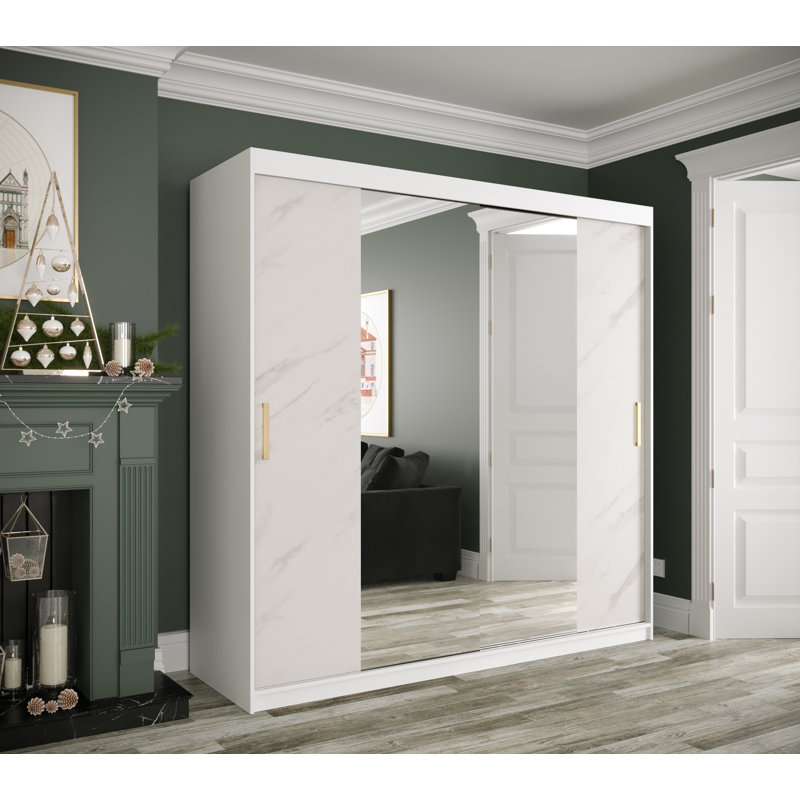 Alynn Manufactured Wood Wardrobe, White Matt/White Marble, 200cm H x 200cm W x 62cm D