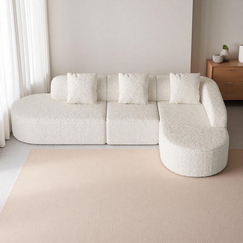Canapé modulaire incurvé en forme de L de 111,8 pouces, design moderne avec tissu en polyester à poils longs texturé litchi, dossier incurvé avec trois coussins