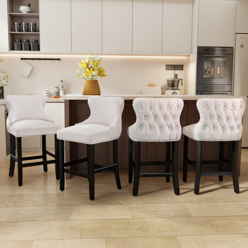 Modern Velvet Upholstered Bar Stools Counter Height Barstools Set of 2, White