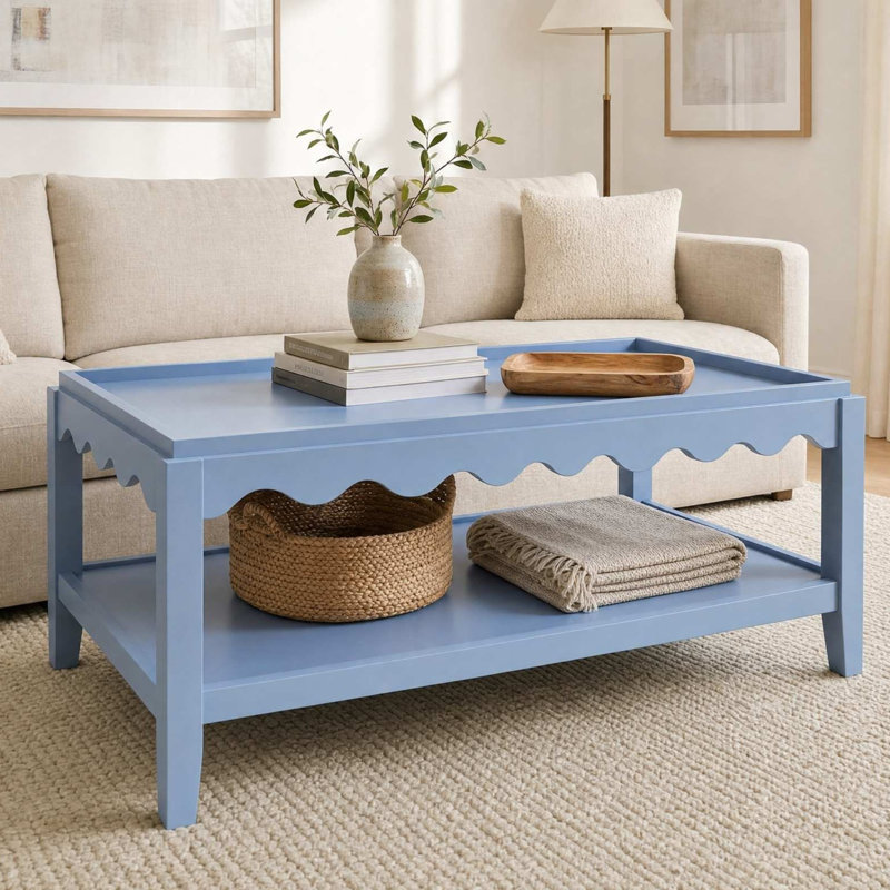 Table basse en bois de manguier à deux niveaux 24 po x 48 po Elegant Brown, Bleu