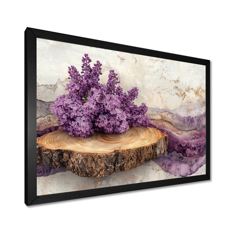 Graylin Lilacs Flowers Into A Wooden Slide Pattern I - Lilacs, art mural sur toile, H 12 po x l 20 po, Cadre flottant, Noir