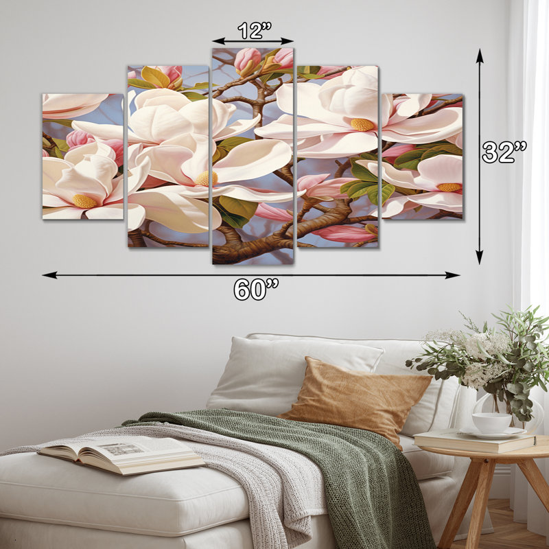 «Whte Pink Magnolias Magnolia Harmony», reproduction d'art sur toile florale - 5 panneaux