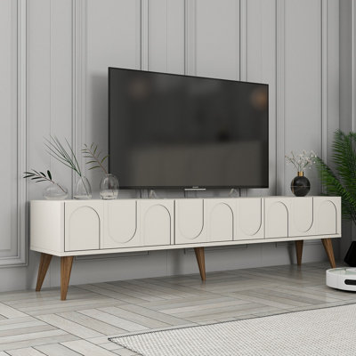 Meuble télé mural moderne, crème et noyer, 70,9 po x 17,3 po x 13,8 po | 100% panneau de particules enduit de mélamine, épaisseur: 0,7 pouce | Nombreuses tablettes, conception peu encombrante, concept géométrique élégant pour le salon