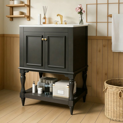 Meuble-lavabo de luxe moderne 24 po avec lavabo en céramique, armoire de salle de bain avec tablette ouverte et rangement fermé