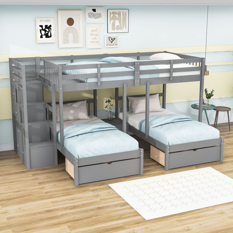 Full Over Twin And Twin Triple Bunk Bed With Staircase And Built-In Storage Drawers, Gray