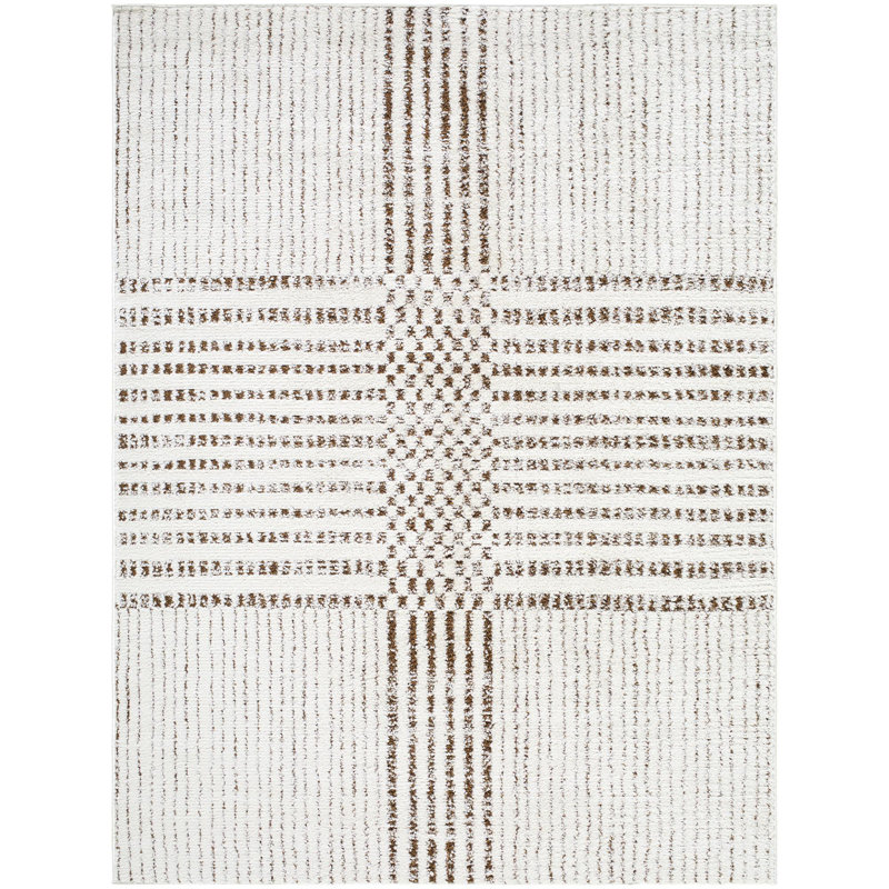 Ivory and Dark Brown Geometric Polyester Area Rug, 6'7" x 9'