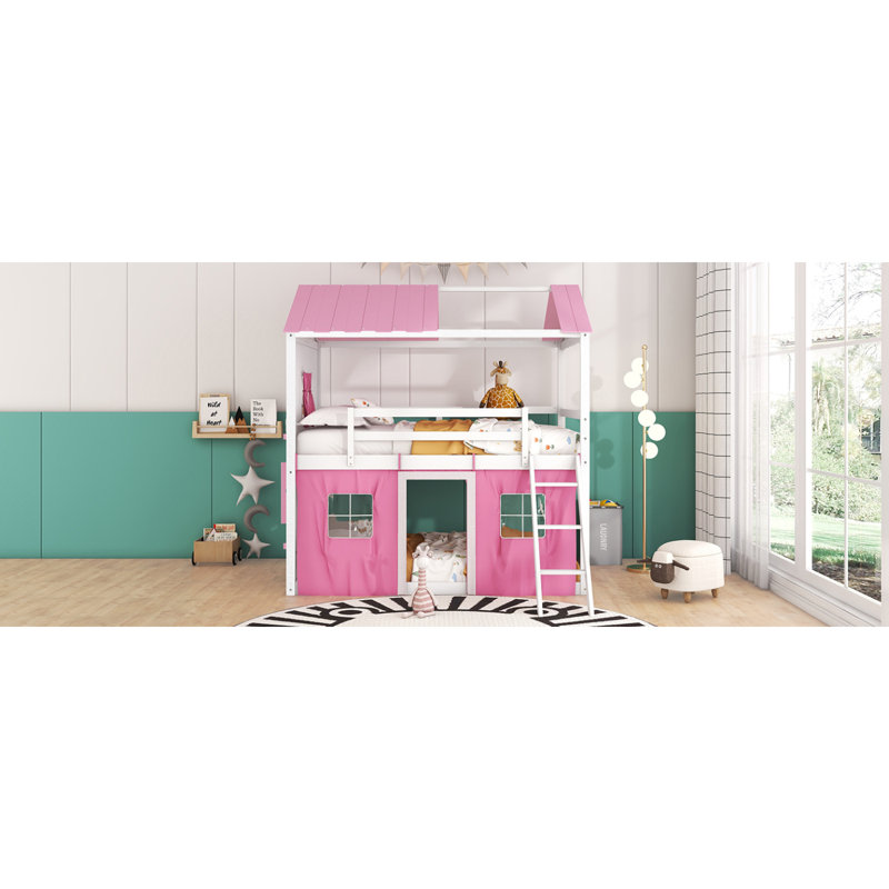 Lit superposé en bois avec rebords de fenêtre et tente élégants, Blanc / Rose