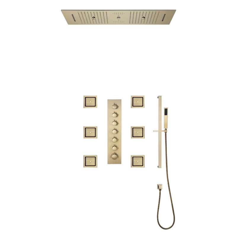 Système de douche thermostatique à télécommande en or brossé avec pluie et jets