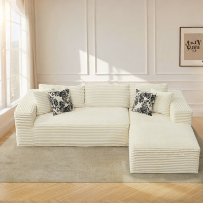 Modular 3-Seat Sectional Sofa With Chaise, Deep Seat Faux Fur Couch, No-Assembly Plush Lounge Sofa With Wide Armrests And 4 Decorative Pillows For Liv by Hokku Designs