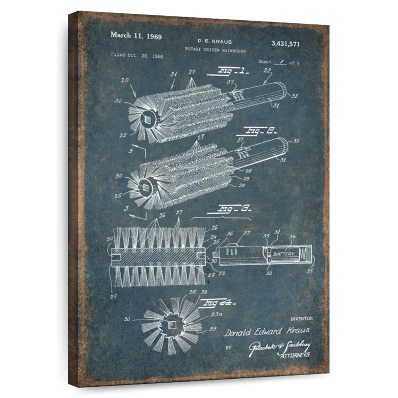 Rotary Driven Hairbrush Patent, 24" H x 16" W