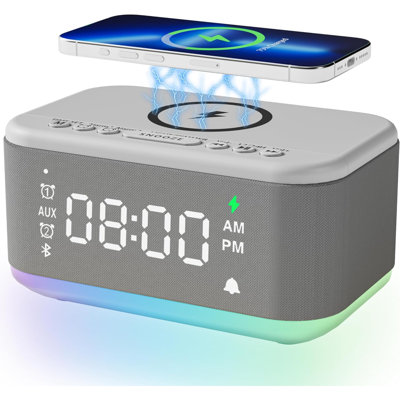 Réveil-matin, chargeur sans fil, réveil numérique pour chambres à coucher Bluetooth, réveil à intensité variable pour la chambre à coucher, double réveil, gradateur 12 veilleuses 24H RVB, Bluetooth USB AUX, gris