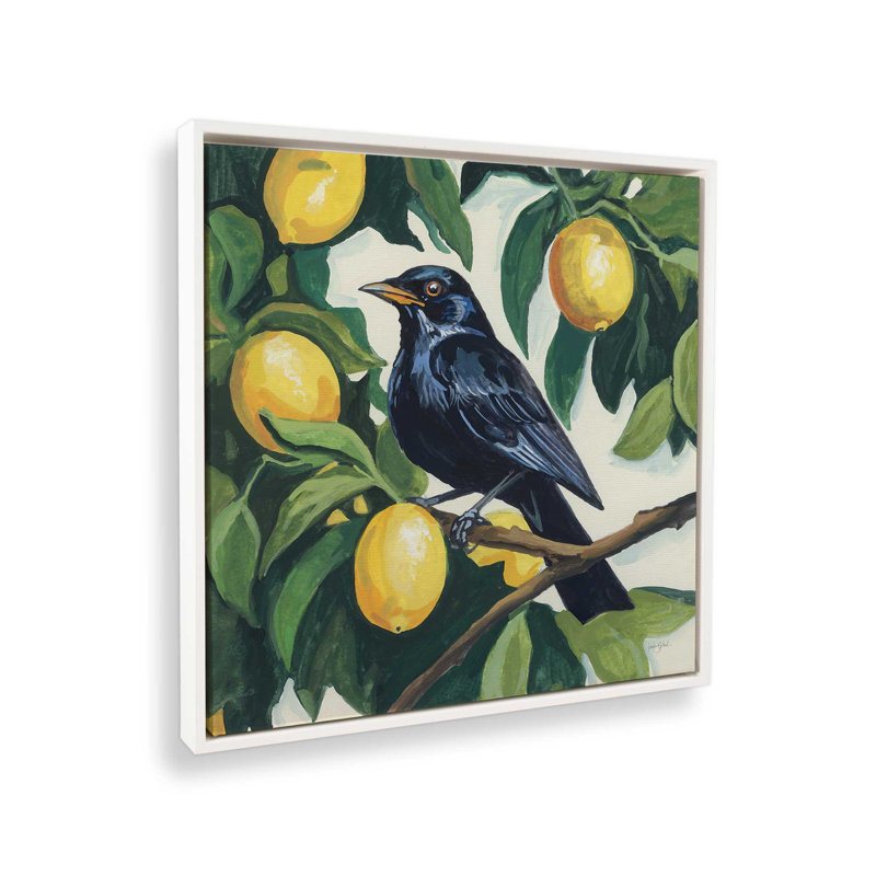 «Bird with Lemon Branch» par Kate Jarvik Birch, reproduction d'art, H 21,5 po x l 21,5 po, Blanc, Toile avec cadre