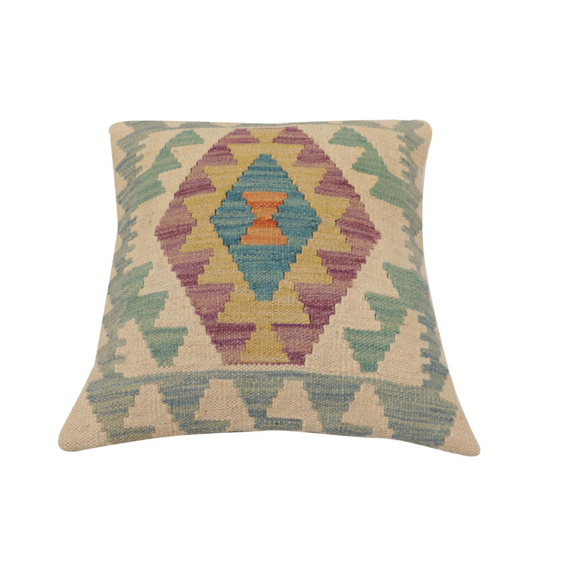 Oreiller rustique en kilim tissé à la main Caballer - 17 po x 18 po Rustic, H 17 po x l 18 po, Beige / bleu / or / mauve