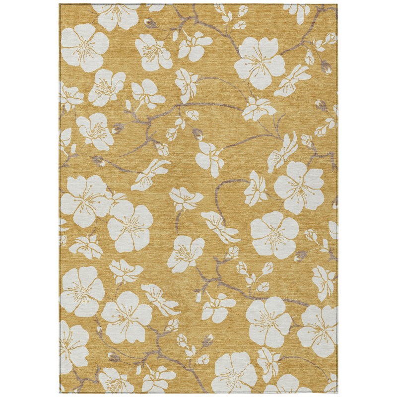 3' X 5' Gold Ivory And Brown Floral Washable Indoor Outdoor Area Rug