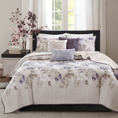 Taupe Floral 6-Piece King/Cal King Quilt Set with Throw Pillows