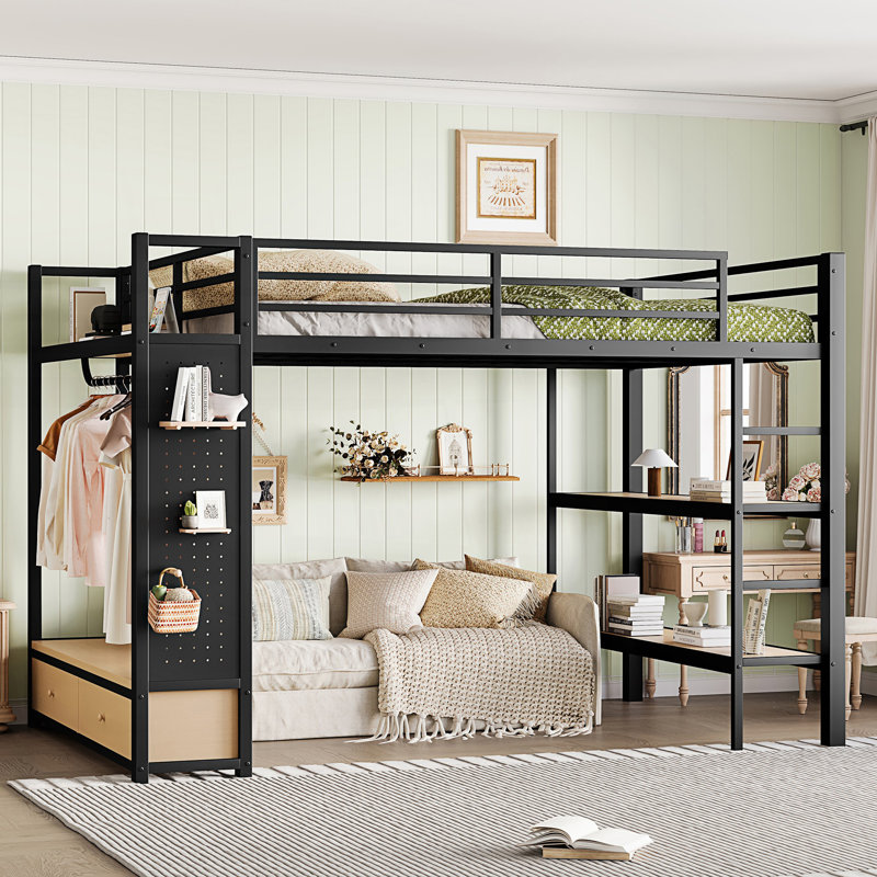 Grand lit mezzanine en métal avec garde-robe, Grand lit