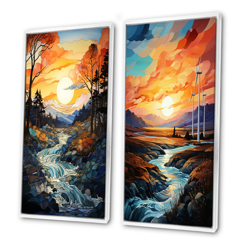 Wind Turbines Sunrise Valley - Ensemble de 2 reproductions d'art mural, Cadre blanc, H 32 po x l 33 po