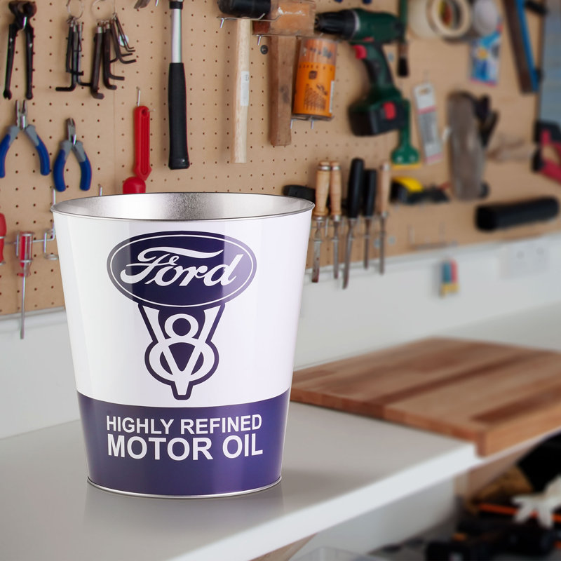 Blue and White Ford V8 Metal Trash Bin