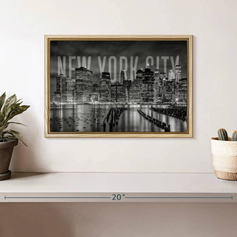 Horizon de New York monochrome, 13 po x 9 po, Cadre flottant en bois naturel