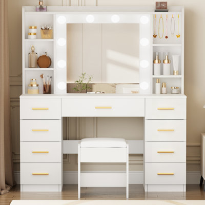 Elowen 105cm Dressing Table With 3-Colour Lighting And Jewelry Hooks Modern Bulb Light Makeup Vanity