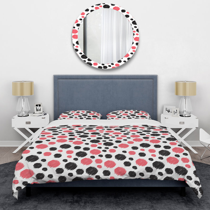 Ensemble de housse de couette abstraite rose et noir à pois - Polyester en microfibre