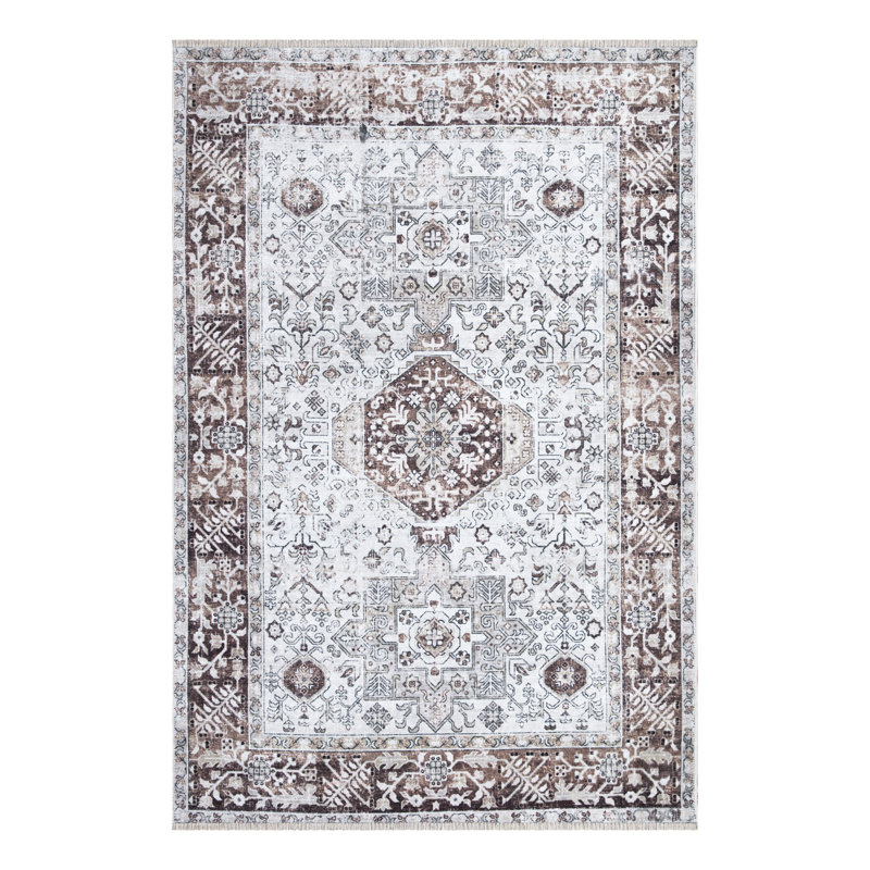 Tapis beige / brun traditionnel lavable et antidérapant , Rectangulaire 3 pi x 5 pi